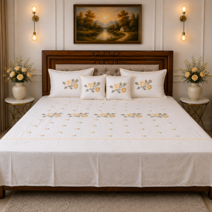 Elegant White Floral Embroidered Bedspread Set