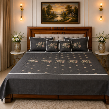 Charcoal Grey Floral Embroidered Bedspread Set