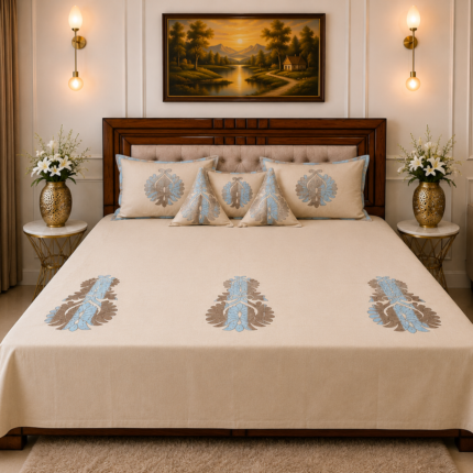 Elegant Handcrafted Embroidered Bedsheet Set – Beige & Blue