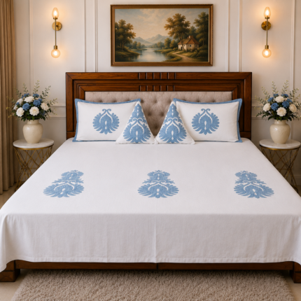 Elegant Blue Embroidered Bedsheet Set – Classic Serenity