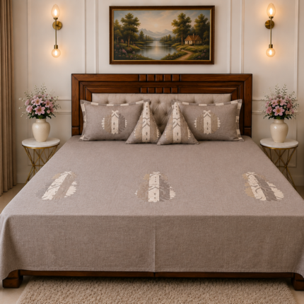 Elegant Taupe Embroidered Bedsheet Set – Timeless Grace