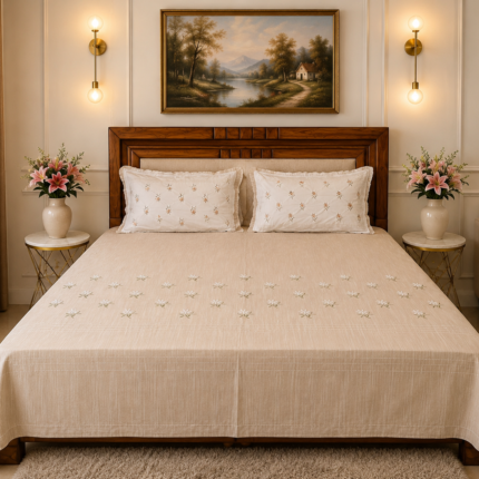 Elegant Floral Embroidered Bedsheet Set – Premium Beige