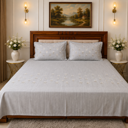 Elegant White Floral Embroidered Bedsheet Set