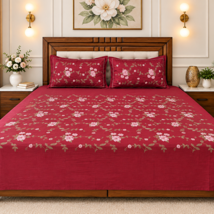 Elegant Floral Embroidered Cotton Bedsheet Set – Wine Red