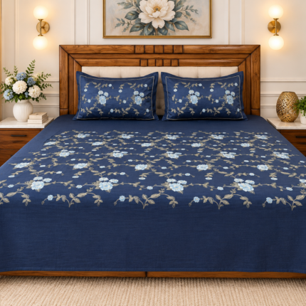 Premium Floral Embroidered Cotton Bedsheet Set – Navy Blue