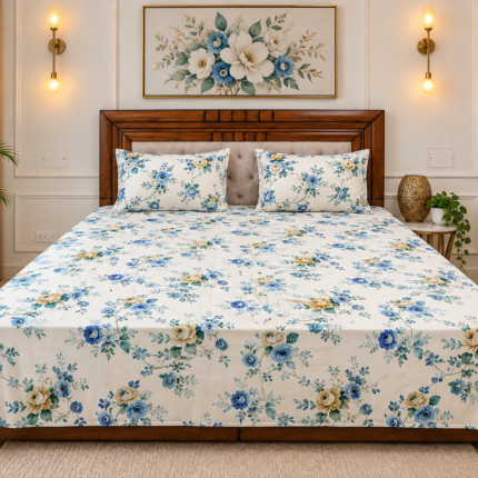 Fresh florals in soothing blue tones for an elegant, serene bedroom.