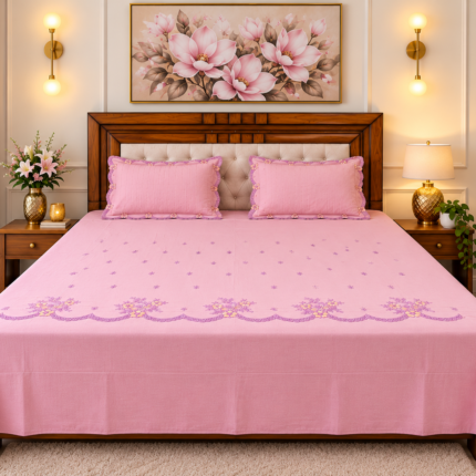 “A Touch of Pink Elegance” means the pink bedcover adds a soft, elegant and stylish feel to the bedroom