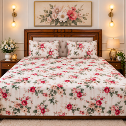 Soft roses, delicate blooms and timeless elegance for a beautifully inviting bedroom.