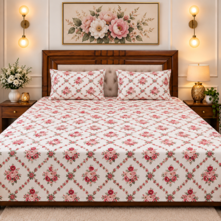 Elegant rose motifs woven into a timeless trellis design for a charming bedroom.