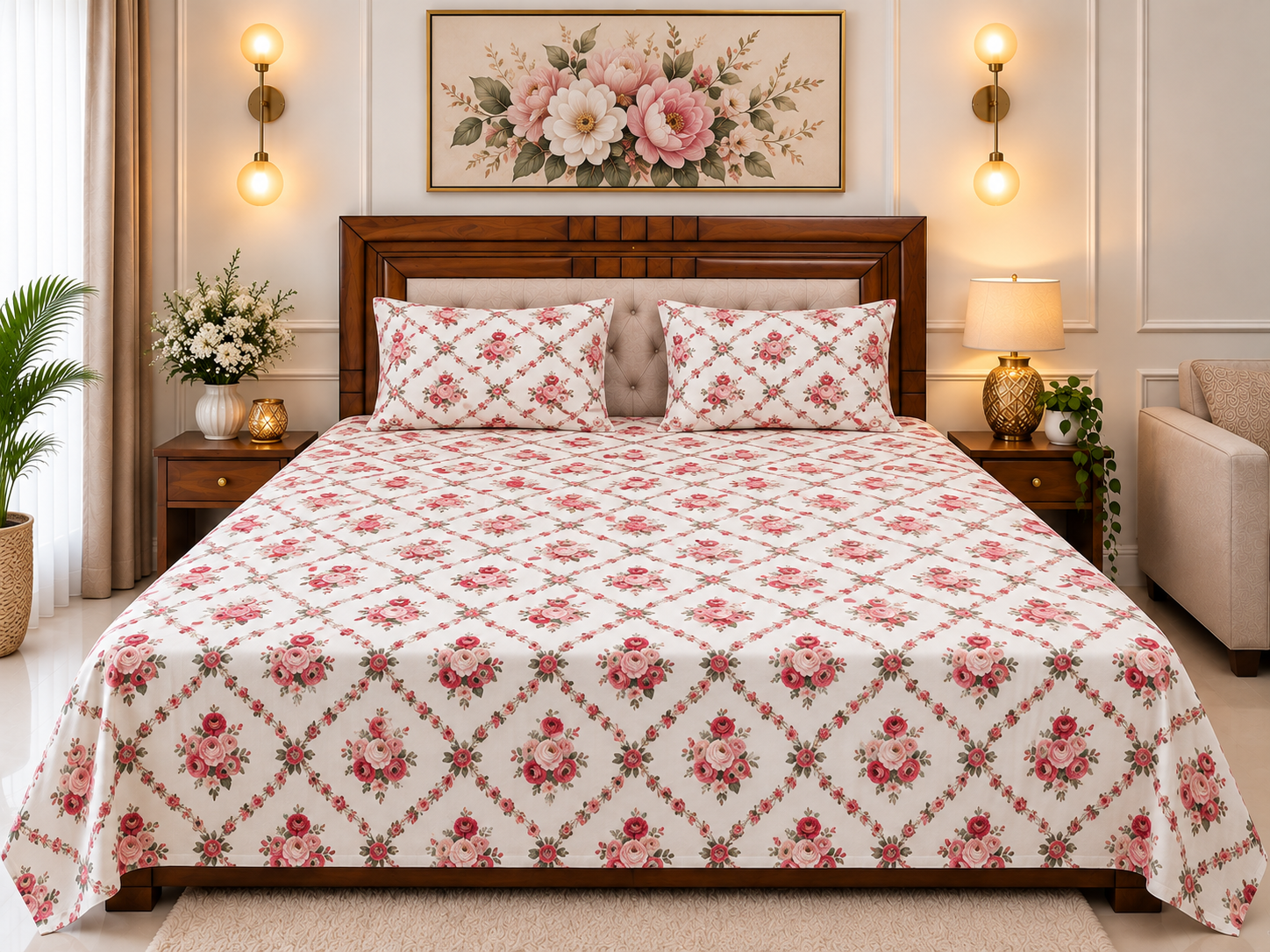 Elegant rose motifs woven into a timeless trellis design for a charming bedroom.