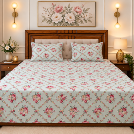 Delicate rose bouquets meet classic trellis elegance for a beautifully charming bedroom.