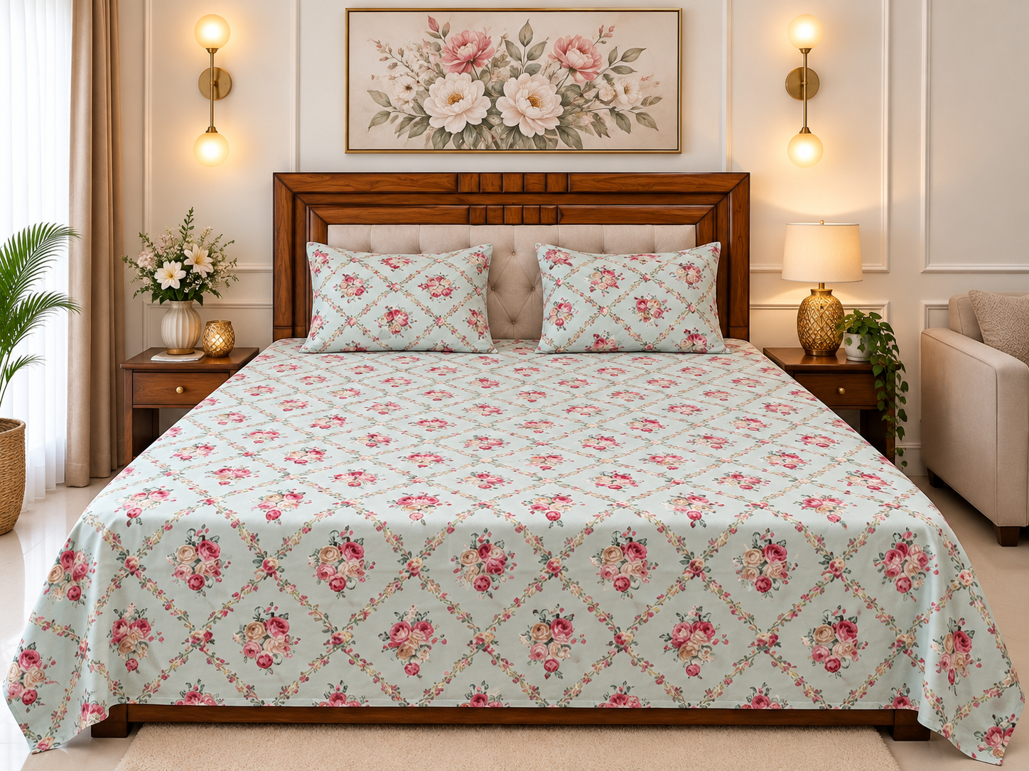 Delicate rose bouquets meet classic trellis elegance for a beautifully charming bedroom.
