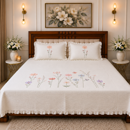 Elegant Floral Embroidery Meets Soft Quilted Comfort — A Timeless White Bedcover Designed with Delicate Pastel Flowers