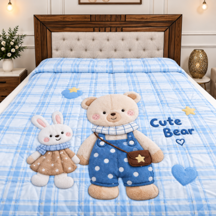 Kids Printed Comforter – Blue Checkered Design with Cute Detailing