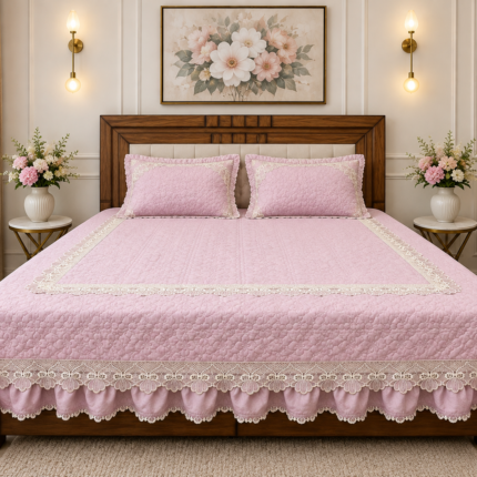Luxury Embroidered Bed Cover – Elegant Pink Floral Design with Lace Border