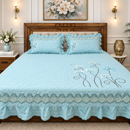 Luxury Embroidered Bed Cover – Elegant Blue Floral Design with Lace Border