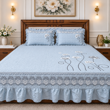 Luxury Embroidered Bed Cover – Elegant Sky Blue Floral Design with Lace Border