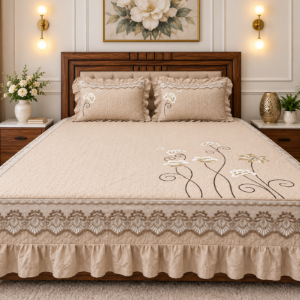 Luxury Embroidered Bed Cover – Elegant Beige Floral Design with Lace Border