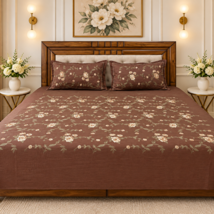 Elegant Floral Embroidered Cotton Bedsheet Set – Chocolate Brown